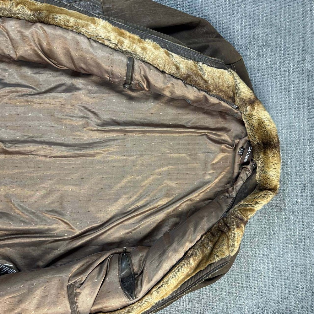 Danier Leather Car Coat Mens Large Brown Faux Fur Collar Double Layer Jacket - Picture 9 of 16